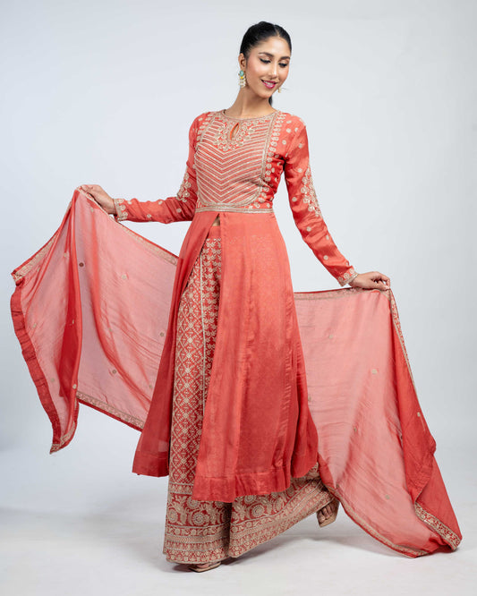 Embroidered anarkali set with dupatta coral orange