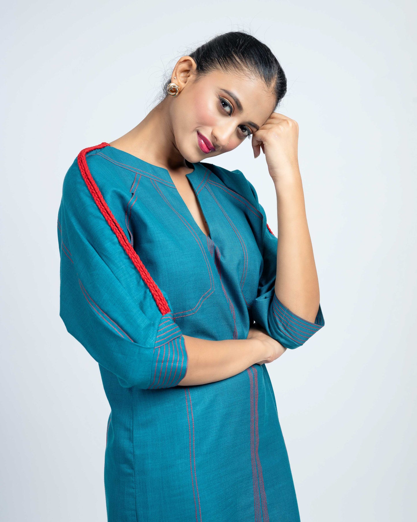 Textured teel cotton shift dress