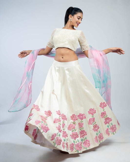 Linen satin pichwai skirt with pearl crop top