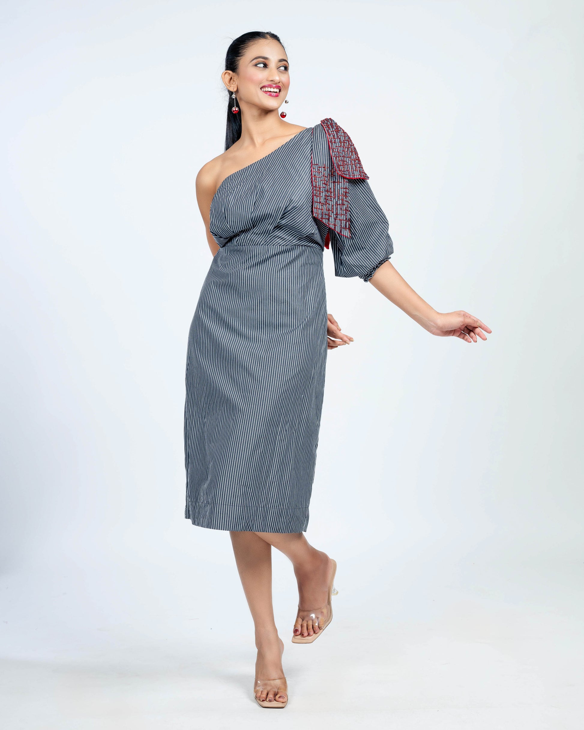 One-Shoulder Striped Midi Dress with Statement Sleeve and emblished bo – Attriante