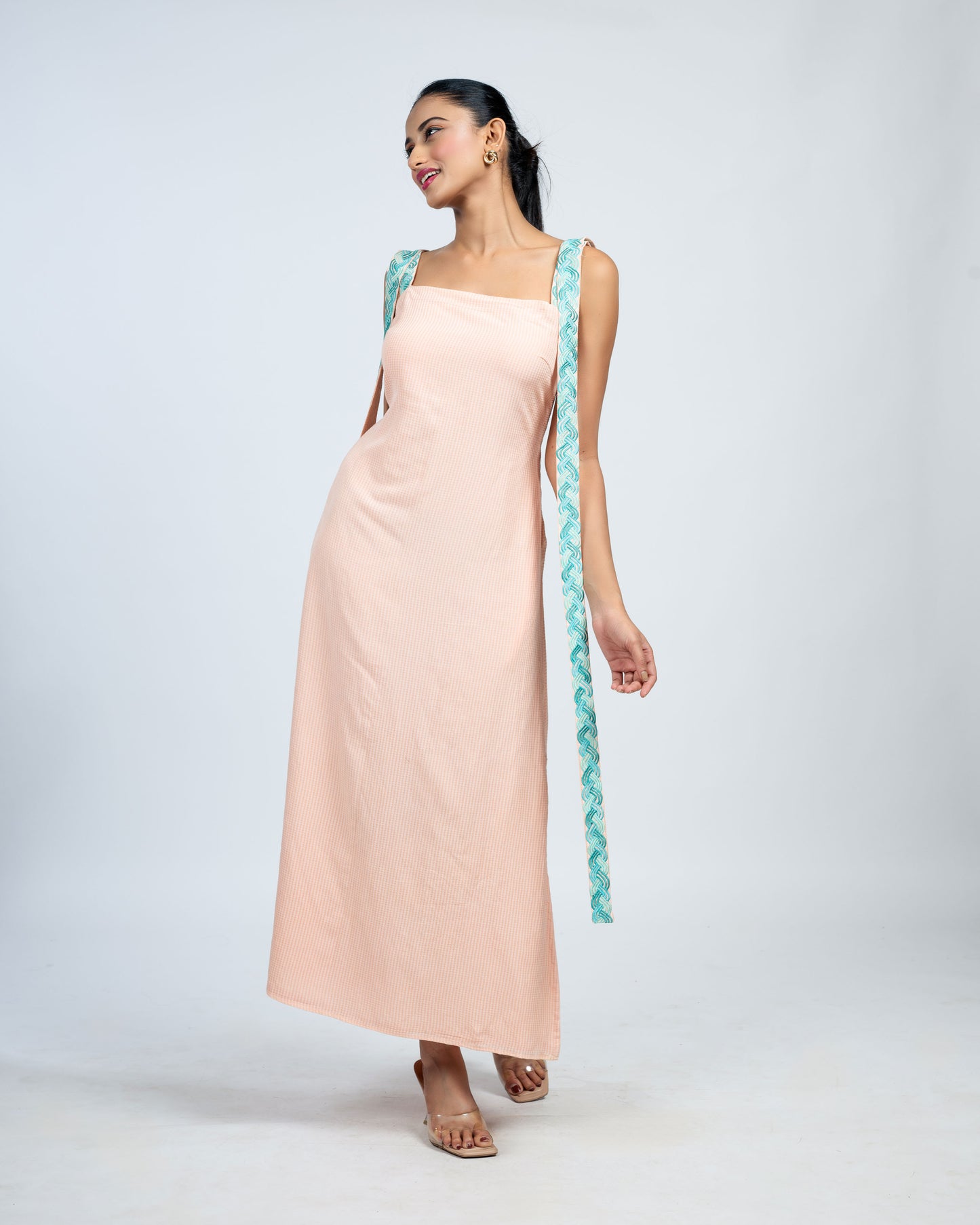 Peach Sleeveless Maxi Dress with embroidered Strap Detailing