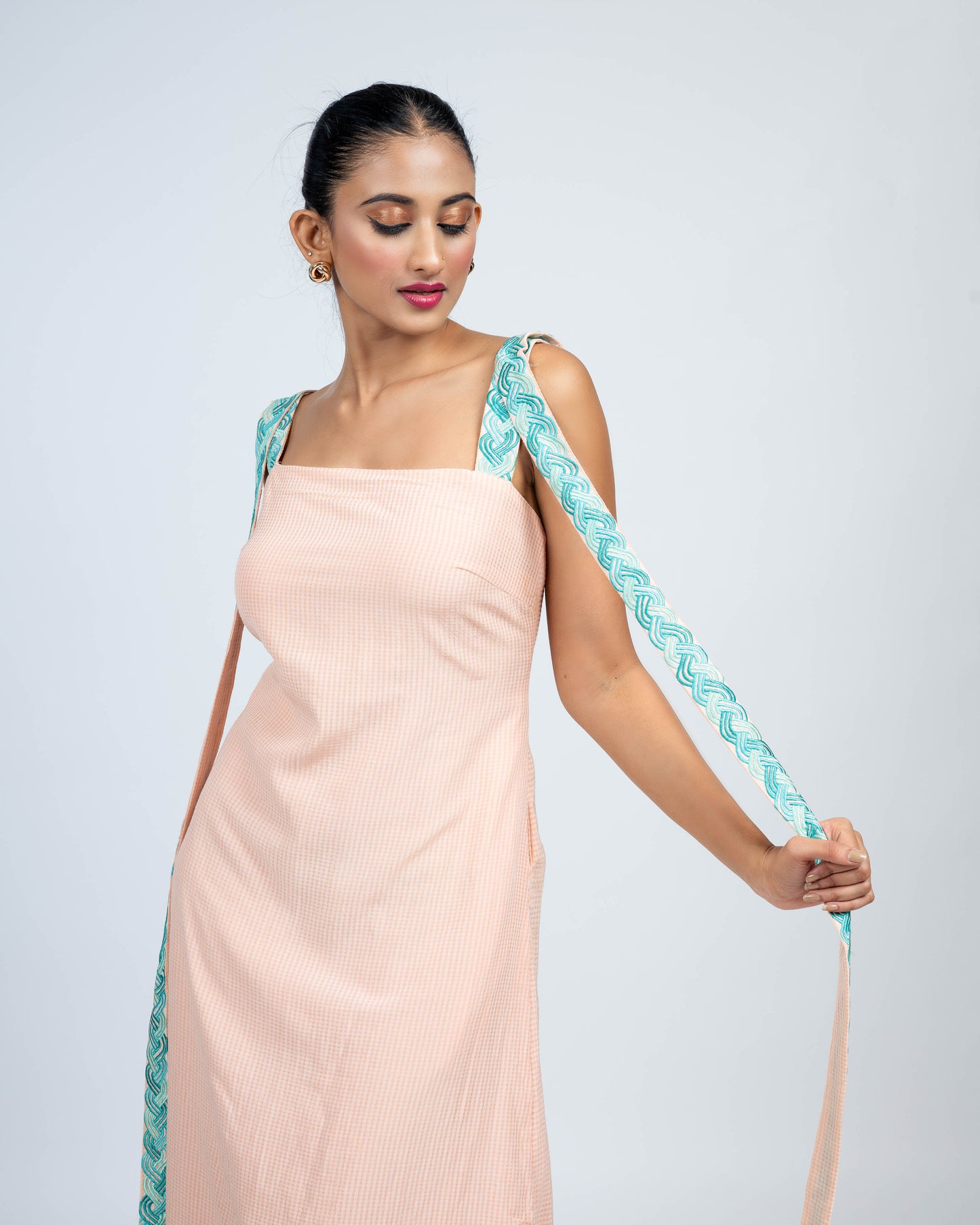 Peach Sleeveless Maxi Dress with embroidered Strap Detailing