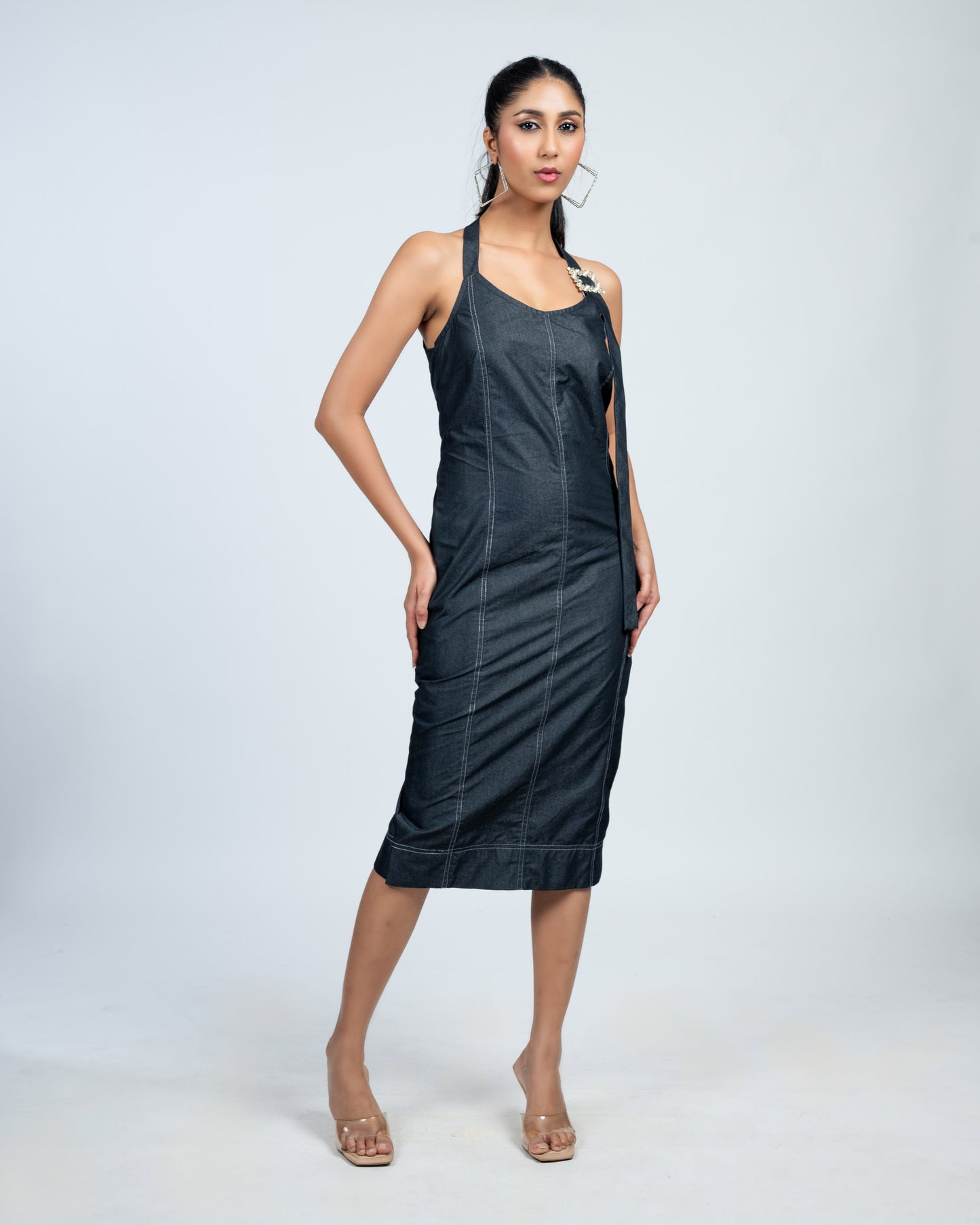 Black Halter Neck Denim Midi Dress with Statement Brooch