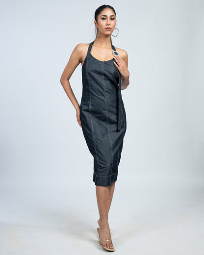 Black Halter Neck Denim Midi Dress with Statement Brooch