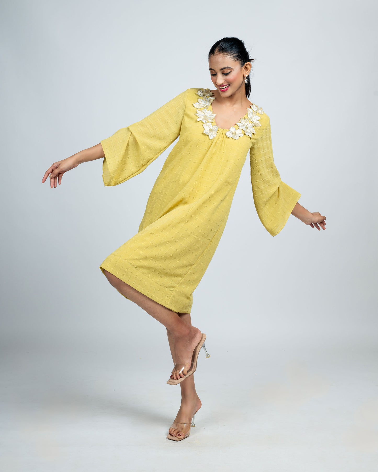 Sunlit Bloom Embroidered Flared Dress
