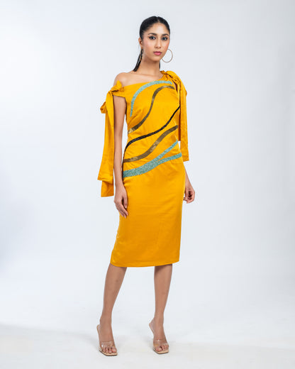 Mustard Wave Embellished One-Shoulder Dress