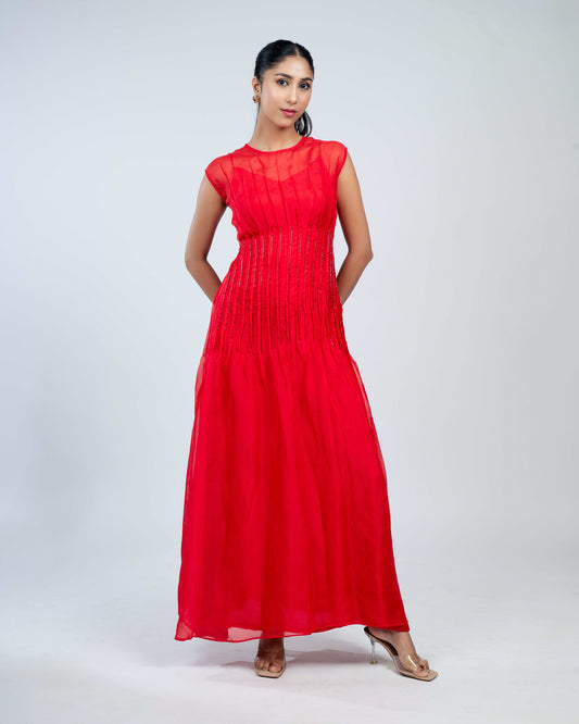 Dart detailed silk orgenza maxi dress red
