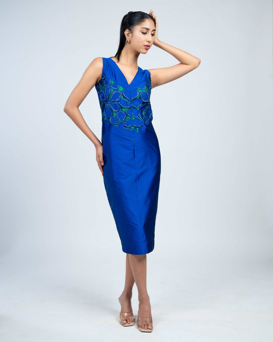 Viscose silk embroidery dress blue green