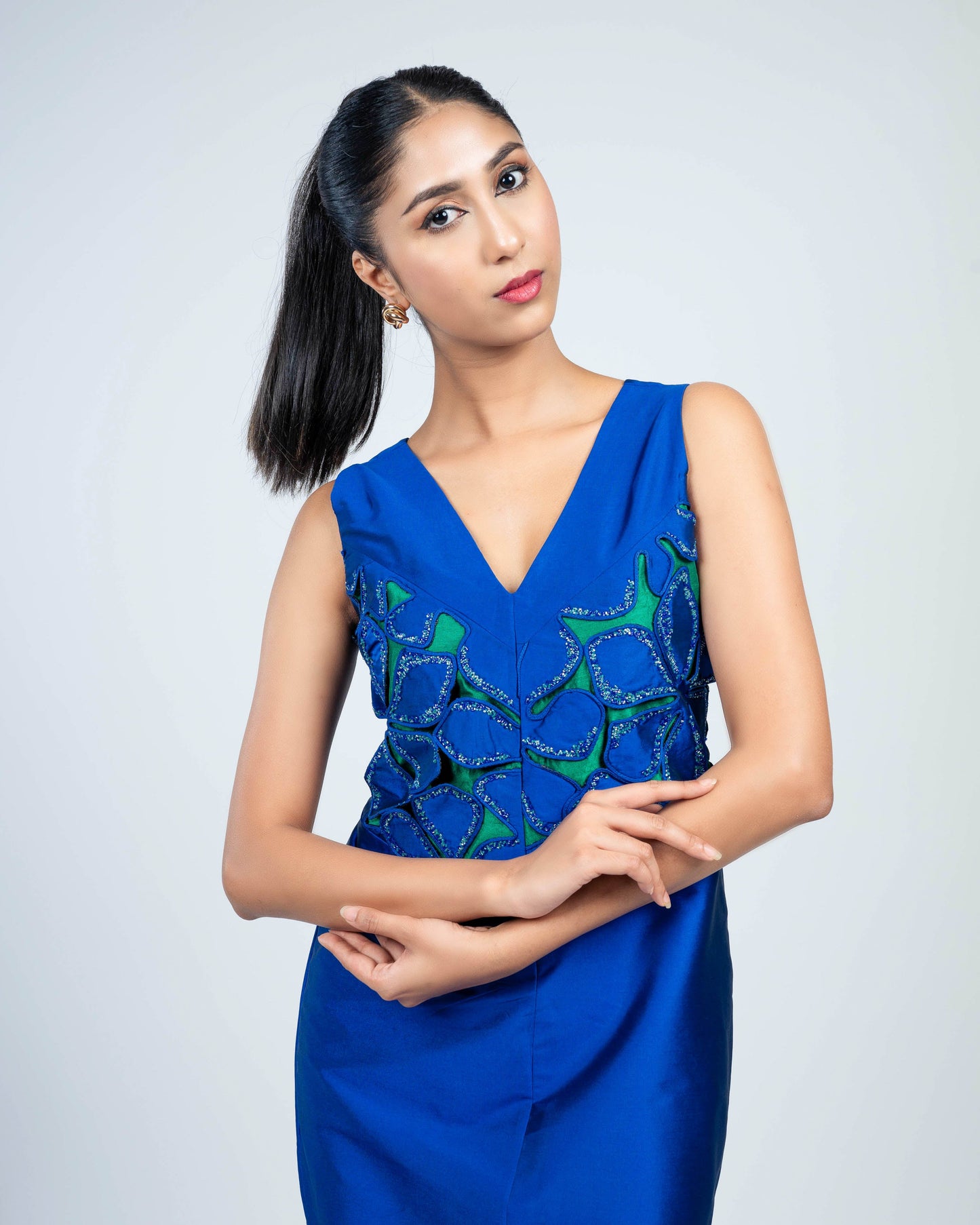 Viscose silk embroidery dress blue green