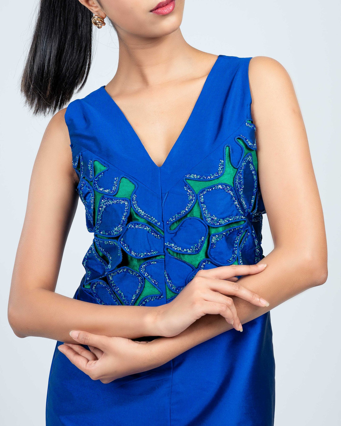 Viscose silk embroidery dress blue green